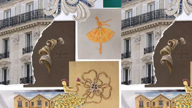 Van Cleef & Arpels’ Double clip from 1941; drawings of three of the French maison’s famed designs; a gold and turquoise VCA Dancer clip from 1946; and Sydney venue Campbell’s Stores.