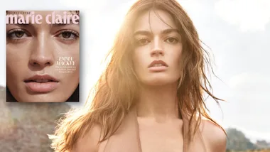 Emma Mackey featured on Marie Claire Australia cover, with sunlit backdrop, wearing a beige top.