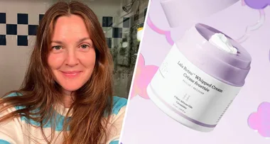 Selfie of a woman in a bathroom next to an image of Lala Retro Whipped Cream product with lavender packaging.