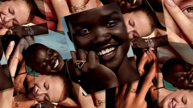 A collage of Pandora campaign imagery depicting various women wearing gold and silver jewellery