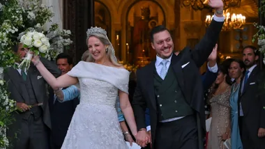 Princess Theodora daughter of former King of Greece Constantine II, and her husband Matthew Kumar leave the Athens' Orthodox Cathedral following their wedding ceremony at the Metropolis Greek Orthodox Cathedral