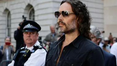 Russell Brand leaving Westminster Magistrates Court in London on May 2, 2025. Image: Getty Images