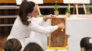 Woman demonstrating honey extraction from a bee frame to an audience in an educational setting.